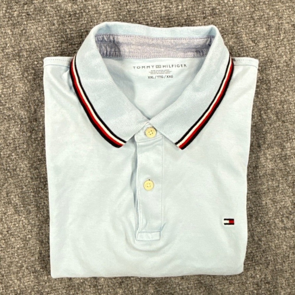 Tommy Hilfiger Mens XXL Light Blue Striped Trim Short Sleeve Polo Shirt